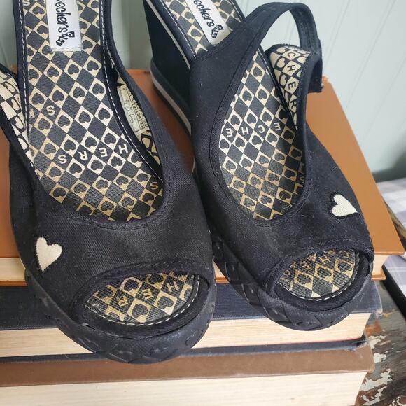 Pre-Owned Skechers 2009 Slingback Sandals Wedge Heels Peep Toe Hearts Us W7 - Picture 8 of 9